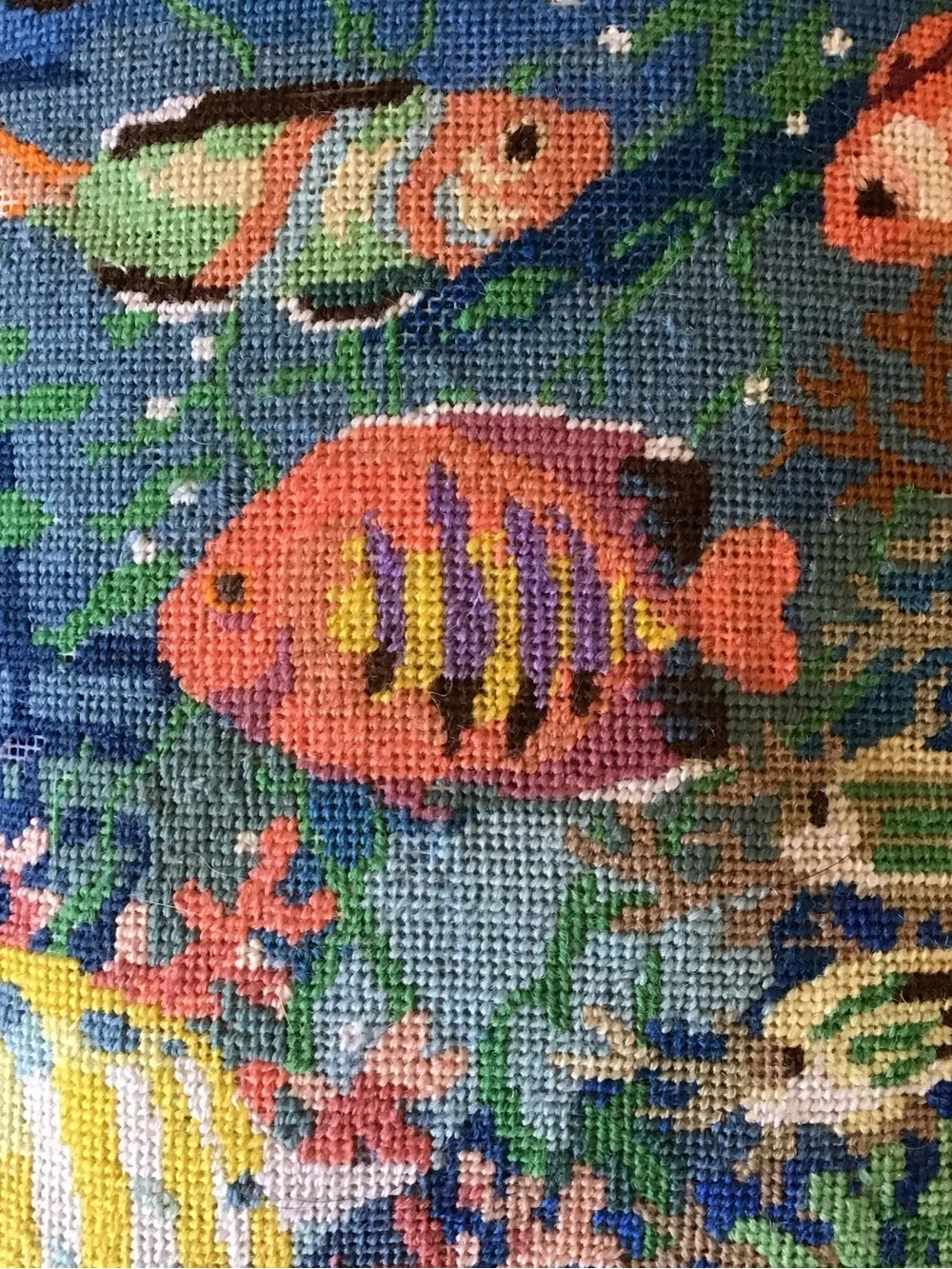 Vintage Handmade Needlepoint Coral Reef Fish Accent Pillow